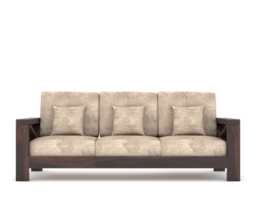 Image of NATRAJ ART & CRAFT Solid Sheesham Wood 3 Seater Hizen Sofa Set for Living Room with Cream Cushions, X-Legs Sofa Set - Light Walnut Finish