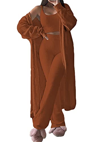 Image of Fixmatti Women's Fuzzy 3 Piece Sweatsuit Open Front Cardigan Crop Tank Tops Wide Legs Pants Lounge Sets