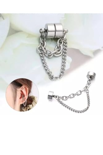 Gümüş Çift Zincirli Mıknatıslı Deliksiz Kıkırdak Küpe Piercing, Unisex