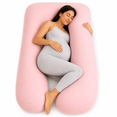 U-Shaped Pregnancy Pillow – 100% Cotton Cover, Full Body Maternity Support for Belly, Back and Legs – Bonus Eye Mask and Gift Box (Light Pink)