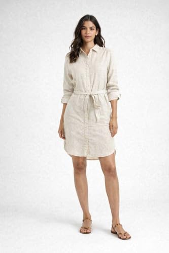 Image of NOBARR Women's Light Grey Linen Blend Shirt Dress with Waist Tie Belt