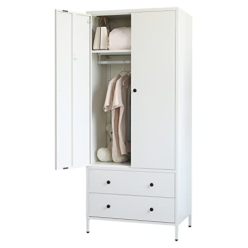 Besfur Steel Storage Wardrobe Cabinet - Metal Wardrobe Armoire Closet with Adjustable Hanging Rod & Two Drawers for Bedroom, Laundry Room (White) Besfur Steel Storage Wardrobe Cabinet - Metal Wardrobe Armoire Closet with Adjustable Hanging Rod & Two Drawers for Bedroom, Laundry Room (White)