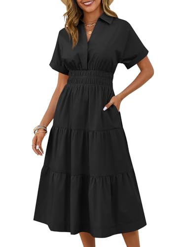 Wenrine Womens Summer Short Sleeve Maxi Dresses Casual V Neck Smocked Loose Tiered Flowy Shirt Dress with Pockets