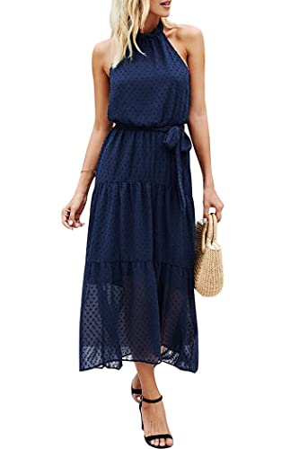 Image of PRETTYGARDEN Women's Halter Neck Floral Long Maxi Dress Casual Sleeveless Backless Dresses Loose Ruffle Sundress with Belt