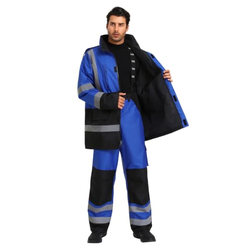 Image of 3-Piece Hi-Vis Rain Suit, Safety Jacket with Hood & Bib Overalls