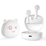 Bluetooth 5.0 イヤホン ワイヤレスイヤホン かわいいデザイン 猫ちゃん 化粧ミラー付き充電ケース HiFi ノイズキャンセリング 高感度タッチ 長時間連続再生 快適装着 Siri対応 マイク内蔵 iPhone/iPad/Android適用 ホワイト