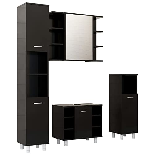 vidaXL Badmöbel Set 4-TLG. Waschbeckenunterschrank Spiegelschrank Hochschrank Midischrank Schrank Badezimmerschrank Badschrank Schwarz Holzwerkstoff