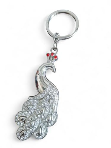 Image of DEBONAIR Decorative Peacock Keyring with Crystal Embellishments, Silver Metal, Red Crown Details