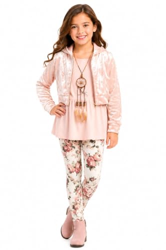 Image of iGirlDress Girls 4 Pieces Pant Set Long Sleeve Jacket Necklace Floral Plaid Pant 4-16