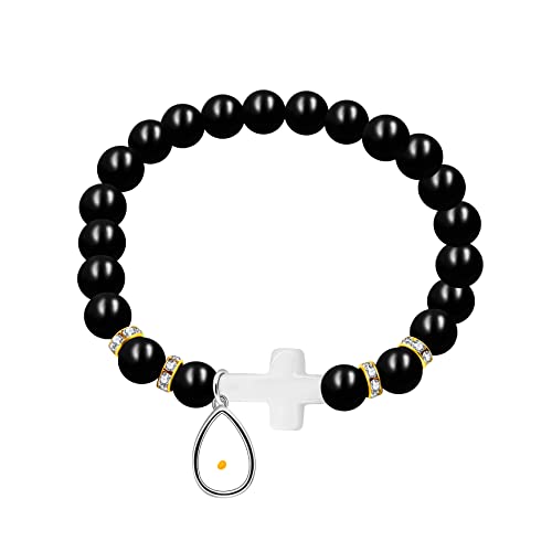 Image of Uloveido Black Agate Side Cross Bracelet Mustard Seed Charms, Personalized Letter A-Z Tiger's Eye Bangle Y944