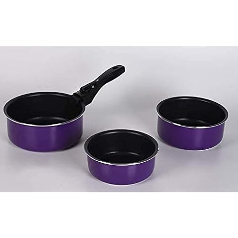 Chef's Star 5 Piece Cooking Pot Set, Nonstick Pots and Pans Set, Anodized Aluminum Cookware Set, Cooking Sets Pots and Pans, 3 Colored Sauce Pans, 1 Detachable Handle, 1 Silicone Glass Lid, Violet Cover
