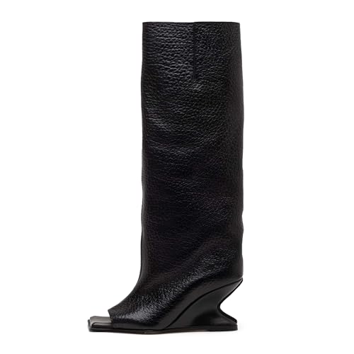 Open Toe Knee High Boots for Women Square Peep Toe Wedges Slouchy Tall Boot Pull On High Heel Wide Calf Boots
