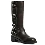 AMINUGAL Brown Knee High Boots Women Square Toe Pull On Boots Wide Calf Riding Boots Fashion Buckles Chunky Boots Metallic Casual Vintage Buckle Rivet Boots Size 8.5