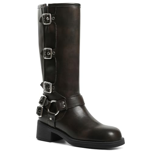 AMINUGAL Brown Knee High Boots Women Square Toe Pull On Boots Wide Calf Riding Boots Fashion Buckles Chunky Boots Metallic Casual Vintage Buckle Rivet Boots Size 8.5