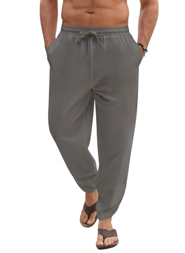 Lonya Pantalon Homme Été Coton Léger Décontractés de Plage Vacances Yoga Pantalons Taille Elastique Gris,L