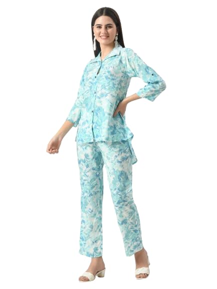 Image of Neysa Floral Print Cord Set (Shirt & Bottom Set) for Girls & Women | Women Flower Print Set | Women Printed Palazzo Set | Women Shirt Set | Women Cord Set.
