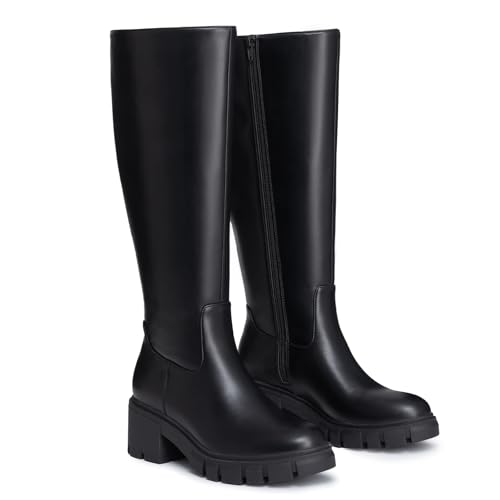 Athlefit Platform Knee High Boots for Women Round Toe Chunky Lug Sole Tall Boots with Side Zipper3
