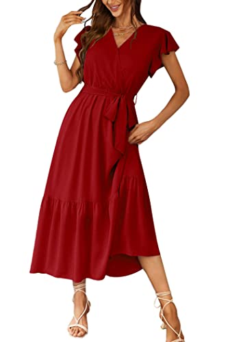 PRETTYGARDEN Women's 2024 Floral Boho Dress Wrap V Neck Short Sleeve Belted Ruffle Hem A-Line Flowy Maxi Dresses (Solid Wine Red,XX-Large)