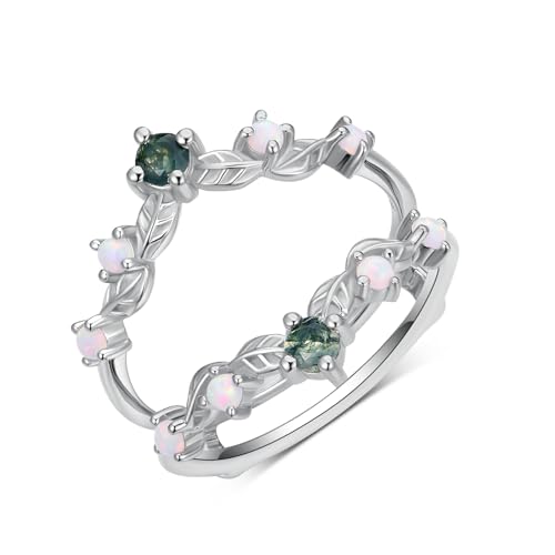 Natural Moss Agate Engagement Ring Set for Women, 10K 14K 18K Gold Marquise Cut Green Moss Agate Leaf Wedding Band Bridal Ring Set Ring Guards for Women Loose Rings Jewelry Gifts3