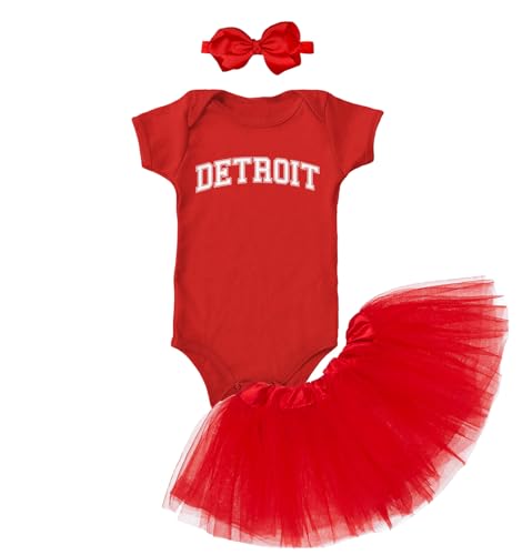 Detroit - State Proud Strong Pride Sports Baby Bodysuit + Tutu Skirt + Bow Headband Set