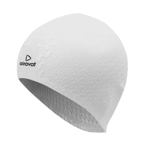Image of Airavat Swim Bubble Cap, Silicone Swim Cap, Comfortable Bathing Cap Ideal for Curly Short Medium Long Hair, Swimming Cap for Women and Men (White)