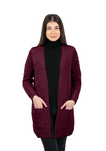 Image of SAOL Aran Coat for Women - Irish Open Front Fisherman Cardigan with Pockets - Merino Wool Made in Ireland