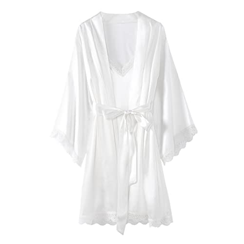 Youllyuu Traje de Robe de Satén con Encaje de Cuerpo y Mangas Largas, Conjunto de Camisa de Noche y Bata de Baño con Cuello en V, Blanco a, M