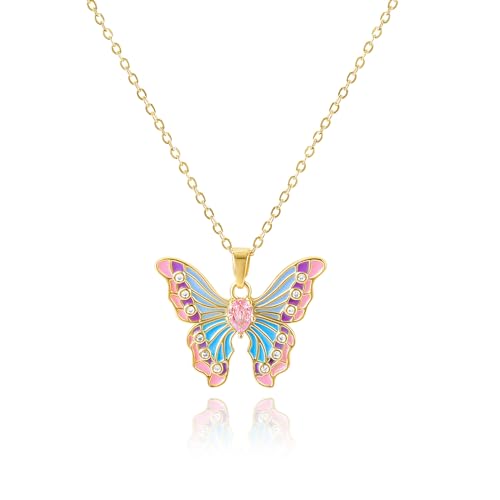 Colorful Butterfly Pendant Necklace for Women - Enamel Butterfly Choker with Adjustable Gold Chain - Statement Party Spring Summer Jewelry Gift