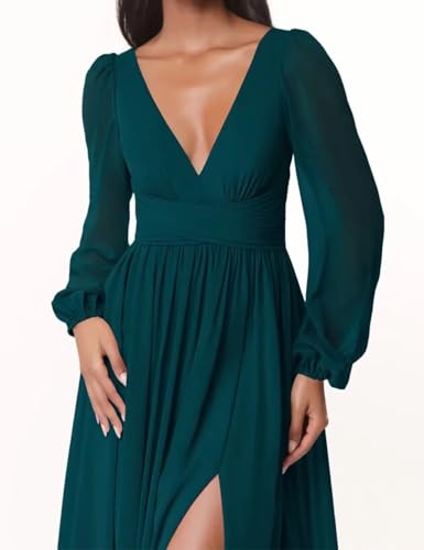 Long Sleeve Chiffon Bridesmaid Dresses for Women A-Line Ruched Formal Wedding Guest Dress3