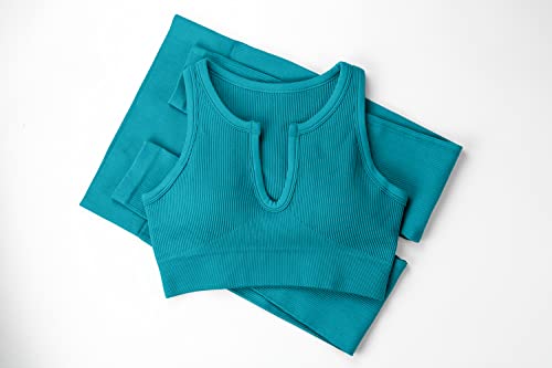 Qinsen Workout Sets For Women 2 Piece Ribbed Yoga Gym Outfits With Sport Bra Legging Tracksuit Set Light Blue M #TOP3