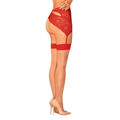 Obsessive - StrĂĽmpfe S814 I Mit Spitzenbesatz I Dessous FĂĽr Frauen I Klassisches Design I Dezentes Mesh I Roter Besatz I Zarte Und Elastische Materialien I Rot -S-M