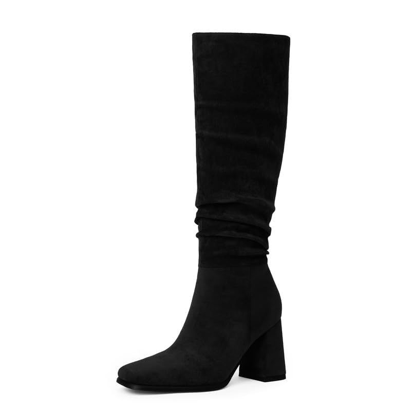 Image of Modatope Knee High Boots Women Chunky Heel Square Toe Fashion Tall Boots | Side Zipper pu Leather Tall Boots,Chunky Heel 70s Gogo Boots,Fashion Heeled Fall Winter Boots,Long Dressy Boots for Women