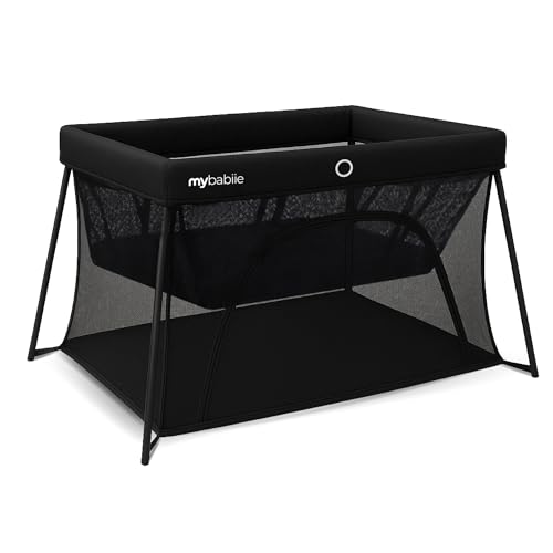 My Babiie MBTC3 Air-Light - Cuna de viaje 3 en 1, moisés, parque infantil, ligera, desde el nacimiento hasta 15 kg, plegable, bolsa de viaje, colchón acolchado, laterales de malla, color negro