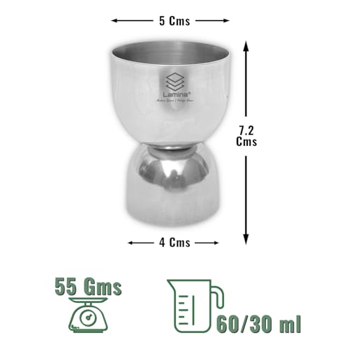 Image of Lamina Set of 2 Stainless Steel Damru Peg Measure (30 /60 ml, Silver) Double-Sided Round Cocktail Jigger for Home, Kitchen, Hotels & Professional Bartenders - Drink Measuring Bar Tool (with Box).