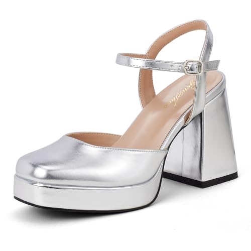 GENSHUO Zapatos de Plataforma Mujer Punta Cuadrada Tacón Bloque 10 cm Sandalias con Correa de Tobillo Elegantes para Boda Fiesta Oficina, Plateado, 39 EU GENSHUO Zapatos de Plataforma Mujer Punta Cuadrada Tacón Bloque 10 cm Sandalias con Correa de Tobillo Elegantes para Boda Fiesta Oficina, Plateado, 39 EU