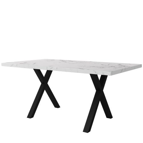 Merax Table à manger rectangulaire 140 x 80 cm – Table de cuisine et table de salle à manger moderne avec design croisé, fer forgé et structure en marbre, table à manger pour salon, noir et blanc