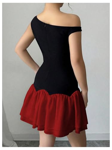 Image of Verdusa Women's Color Block Ruffle Off Shoulder Dress Drop Waist Layered Mesh Mini Dress