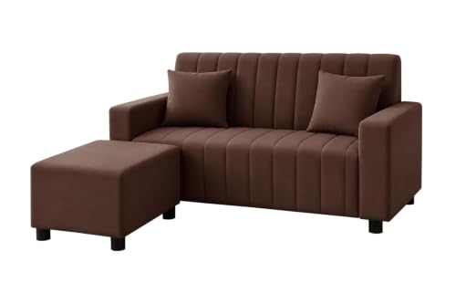 Image of Rosebell 2 Seater Sofa Set with Ottoman | Living Room Couch | with Printed Cushions | Sofa for Home, Office & Apartment-Brown Color