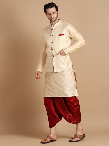 Image of Men's Silk Blend Solid Kurta Dhoti Set with Designer Ethnic Nehru Jacket