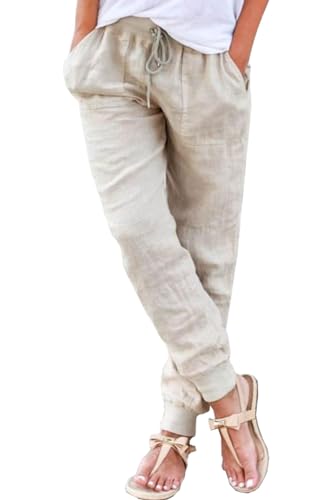 CheChury Pantalones Mujer Casuales Pantalones de Lino Verano Pantalones de Playa de Algodó Pantalones Rectos con Cordón Pantalón de Mezcla con Bolsillos Ligeros y Cómodos para Hogar Uso Diario