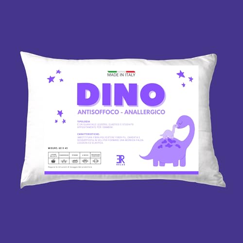 Cuscino Lettino Bambino 60x40 DINO con Federa 100% Cotone – Perfetto per Culle e Lettini, Cuscino Ipoallergenico Made in Italy con Imbottitura Morbida e Anti-Deformazione