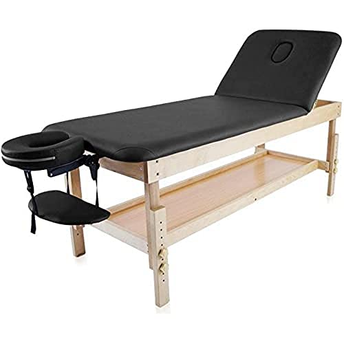 QUIRUMED Table de Massage Fixe en Bois avec Dossier et Plateau rabattables, Noire, 186 x 70 cm, Bois, Simili-Cuir, Hauteur réglable, Plateau pour accoudoirs,...