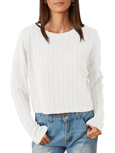 Tankaneo Womens Long Sleeve Crop Tops Textured Loose Fit T Shirts Crewneck Basic Tees Casual Fall Knitwear