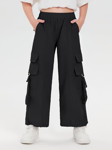 Image of Haloumoning Girls Parachute Pants Kids Wide Leg Cargo Pants Y2K Street Trousers with Pockets 5-14 Years