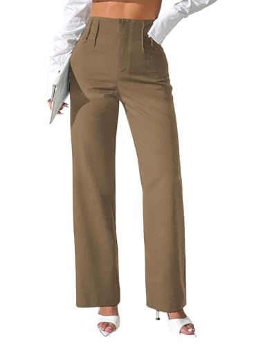 Pink Queen Women's Pleated Dress Pants Elastic High Waist Straight Leg Office Slacks Pull On Business Casual Trousers Pants