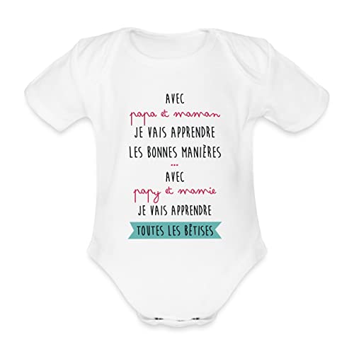 Spreadshirt® Bêtises avec Papy Et Mamie Annonce Grossesse Body Bébé Bio Manches Courtes, 9-12 Mois, Blanc Cover