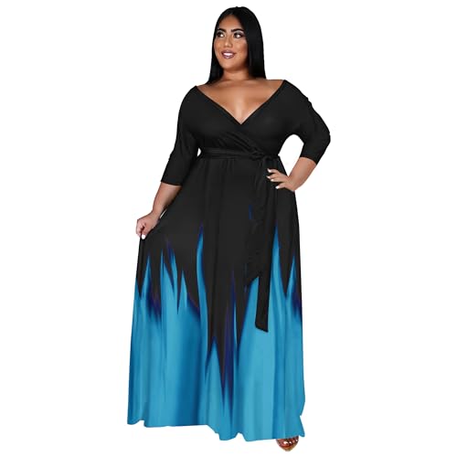 Image of Runwind Plus Size Dresses for Women Gradient Maxi Dress Flowy 3 /4 Sleeve with Belt