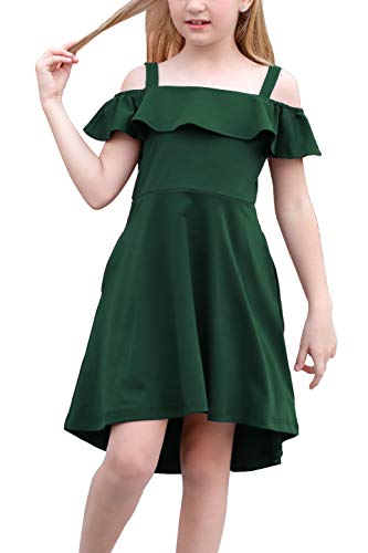 GORLYA Girl's Cold Shoulder Flounce Trim Elegant Casual Formal Dress with Pockets for 4-14T Kids