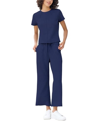 EYZH Womens Travel Outfits 2 Piece Sets,Short Sleeve Crewneck Tops Wide Leg Crop Pants,Lounge Sets Two Piece Casual Tracksuit