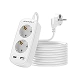 Verlängerungskabel 3M, Doppelsteckdose, Steckdosenleiste Klein mit 2 USB (1 USB-C), 2 Fach Steckdose für Hause Büro Küche, Weiß